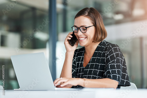 Typing, woman and phone call in office with laptop for work as receptionist, administrative support and multitasking skill. Female employee, online and speaking to confirm appointment and planning.