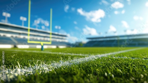 Serene empty football field with goalposts and sidelines under sunny skies. Blurred view american football stadium