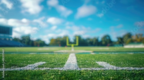 Peaceful empty football field under blue skies with goalposts and quiet atmosphere. Blurred view american football stadium