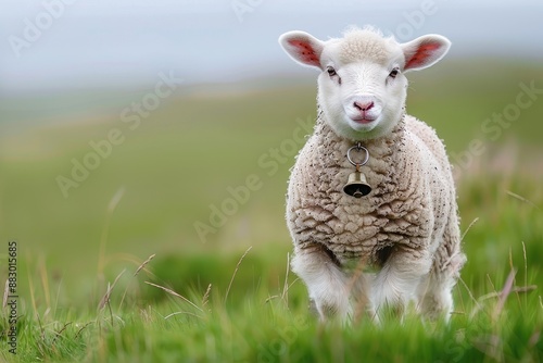 a sheep with a bell around its neck. little sheep on green field. Pet. domestic animal