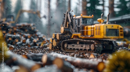 Close-up of heavy machinery transporting logs in a forest logging site, with wood debris and equipment in the background.