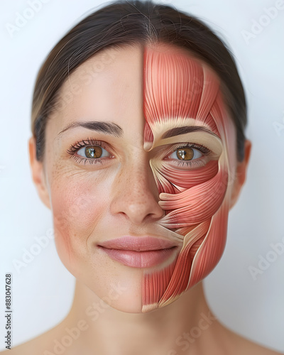 Frontal view of a young woman smiling, half of his face showing internal muscles anatomy