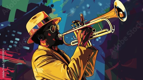 A vibrant illustration featuring a trumpeter passionately playing jazz music in a colorful cityscape. The image captures the lively energy of a nightlife scene.