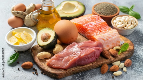 A variety of high-protein diet foods arranged on a cutting board, including fresh fish fillets, nuts, avocado, oils, and eggs, highlighting nutritious and wholesome eating choices.