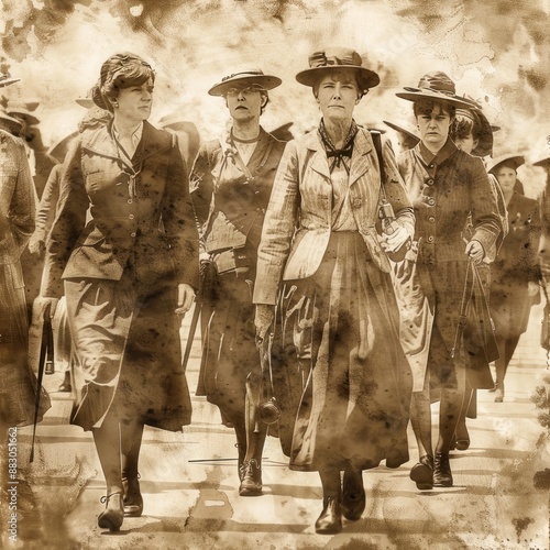 3. Historical suffragettes marching, vintage, sepia tones, sketch, honoring the women's suffrage movement