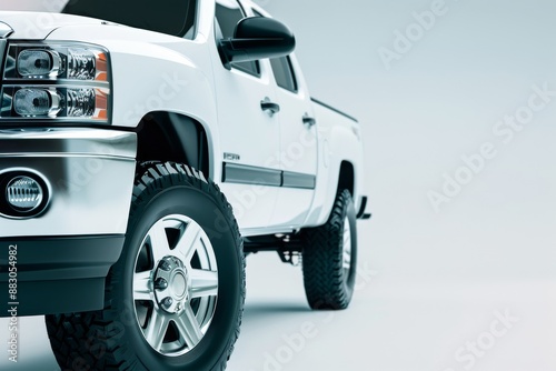 An angled, closeup view of the front wheel of a white pickup truck, photographed in a studio setting with a neutral background