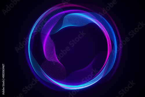 Abstract digital neon waves forming a circular pattern on a dark blue background, illustrating a concept of tech elegance. 3D Rendering