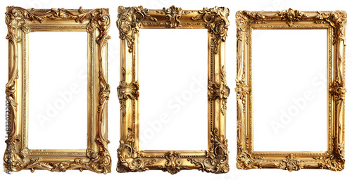 Set of empty natural vintage gold frame element set on transparent background. Antique gold picture mirror frames. golden photo frame isolated. PNG file, cut out. Realistic border rectangular picture