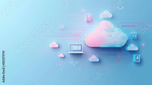 Cloud Computing and Data Storage Illustration - A 3D illustration depicting a cloud computing concept with multiple cloud icons and network connection symbols.