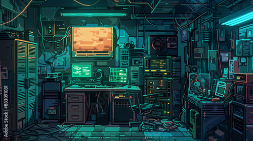 An underground cyberpunk hacker's den with computers and wires , pixel art, game assets