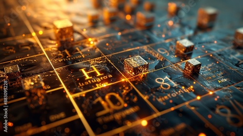 An artistic rendering of the periodic table illuminated with golden glowing elements, representing the fusion of science and art in a visually stunning composition.