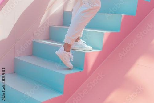 woman wearing trendy sports shoes jogging or walking in minimal colorful staircase pink blue pastel color, active healthy lifestyle, of person taking proactive steps, minimalist wellness poster