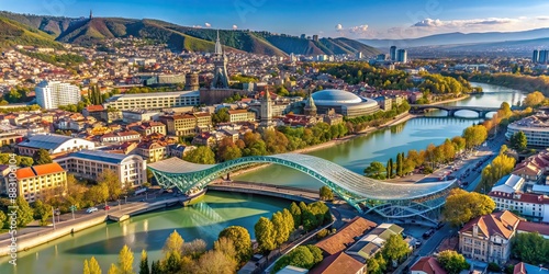 Aerial view of downtown Tbilisi with the Peace Bridge over the Mtkvari River, Tbilisi, Georgia, aerial view