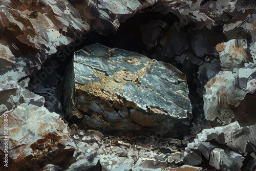 Stone with tungsten ore inside a mine surrounded by the rough and rocky walls of the mine