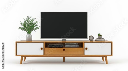 Clear view of a modern IKEA TV stand with geometric shapes and a natural wood frame, white backdrop, Vector art