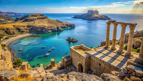 Ancient ruins overlooking the crystal blue waters of the Aegean Sea in Lindos, Greece, Acropolis, Ancient, Ruins