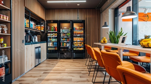 Modern Office Kitchenette with Snack Vending Machines and Seating.