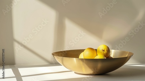 Minimalist gold fruit bowl with clean lines and modern design, Contemporary, High contrast, Digital photography