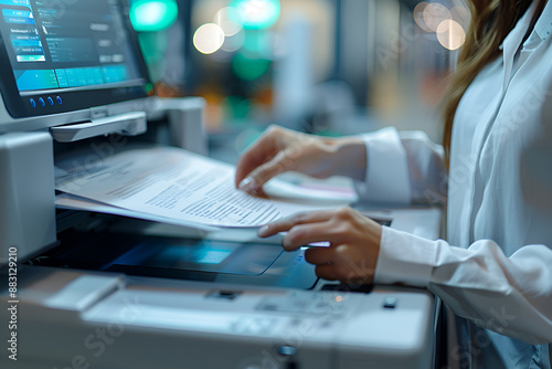 Close-up of a person scanning a document using a modern office printer in a brightly lit environment