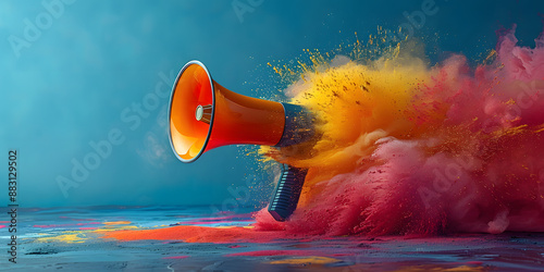 A megaphone ejecting an explosive burst of colorful paint splashes against a white background, symbolizing vibrant communication or announcement,with copy space.Communication concept