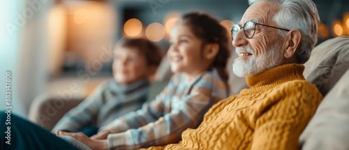 Happy grandfather spending quality time with his grandchildren on a cozy sofa, enjoying moments together at home.