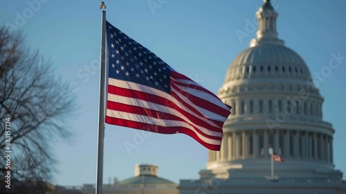 Realistic photo of the american flag displayed in front of the iconic capitol building