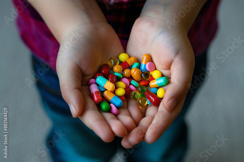 Child's Hands Holding Colorful Pills.