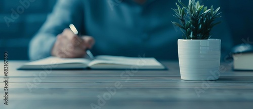 Person writing in a notebook at a wooden desk with a small potted plant and book, focused and calm work environment.