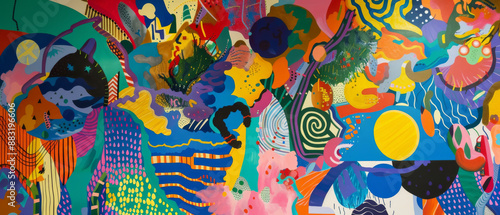 A lively, colorful mural filled with abstract patterns and shapes, each component intertwining to create a vibrant and energetic composition.