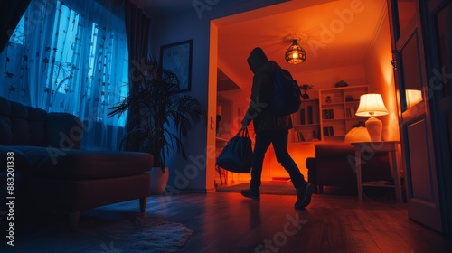 The burglar or intruder carrying the bag into the house, A silhouette of the thief with a backpack sneaking in the living room at night.