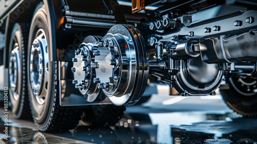 Detailed underside view of a heavy-duty vehicle, emphasizing its mechanical complexity and structural integrity.