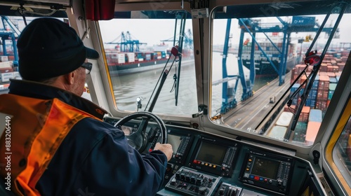  Dynamic shot of a crane operator inside the cabin, port activities visible through the windows, container and shipping ship in view