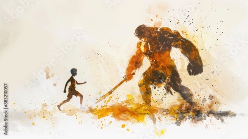 David and Goliath. White background with watercolor splashes and silhouettes of a man and a giant.