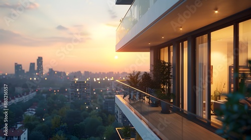 Luxurious Residential Towers with Balconies Overlooking the Vibrant City Skyline at Sunset