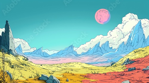 Rocky desert landscape with blue mountains and pink moon