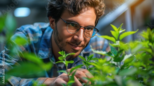 Young man with glasses examining plants in a greenhouse, surrounded by greenery with a focused expression.