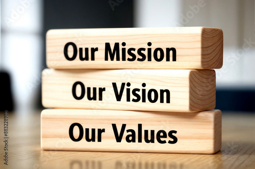 3d illustration render of wooden block of word text out mission vision and values