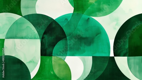 Abstract emerald green and white retro 70s overlapping shapes watercolor concept texture