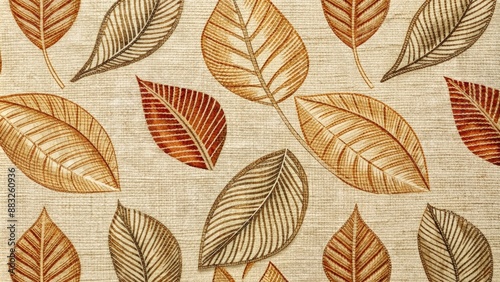 Trendy earth-tone fabric with leaf motifs and abstract lines on a tan background, earth-tone, trendy, fabric