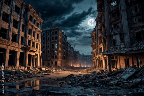 Night cityscape of ruins damage city after doomsday, apocalyptic urban landscape. Scenery of apocalypse survivor, abandoned city, skyline. Global apocalyptic conflict concept. Copy ad text space