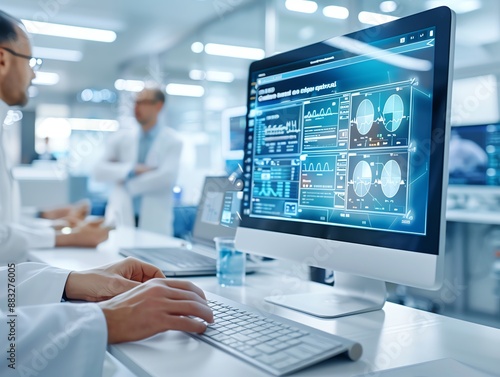 A high-tech healthcare setting with a digital patient chart displayed on a monitor