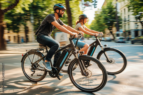 Man and woman riding electric bicycles in the city, enjoying a sunny day, wearing helmets, urban setting with trees and buildings