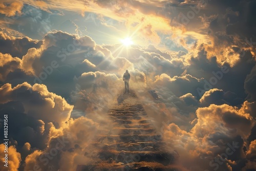 surreal stairway ascending through billowing clouds towards a radiant light source with a silhouetted figure climbing the steps symbolizing spiritual journey and transcendence