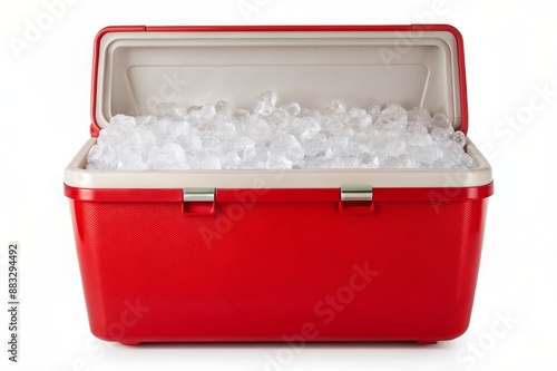 Cooler Box Filled with Ice Cubes - A red, plastic cooler box filled to the brim with white ice cubes, ready to chill and preserve beverages or food items for an outdoor activity, party, or travel.