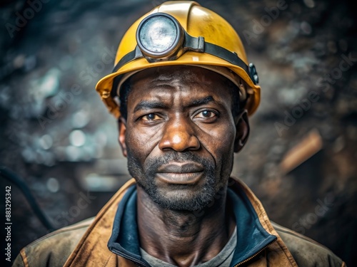 Portrait of Industrious Miner with Headlamp on Construction Site in Natural Light Setting - A focused miner wearing a safety helmet with a headlamp, captured in a natural light setting, conveying dedi