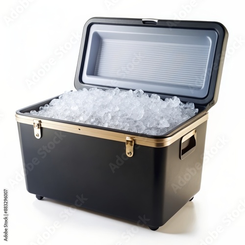 Portable Cooler Filled with Ice Cubes - A black portable cooler filled with ice cubes, designed for keeping food and drinks chilled while on the go.