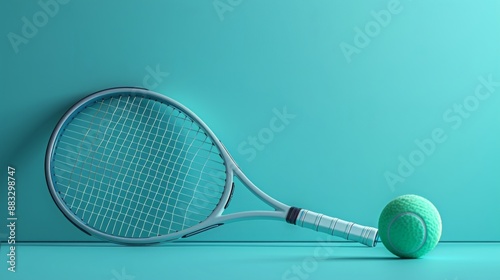 Minimalist Tennis Composition: Racket and Ball Against a Turquoise Background