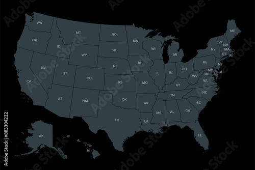 United States of America, dark political map. Fifty single states with their own geographic territories and borders, bound together in a union and federal government. Labeled with USPS abbreviations.