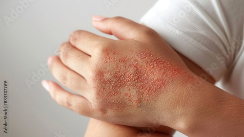 The child scratches atopic skin. Dermatitis, diathesis, allergy on the child's body. 