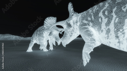 triceratops are fighting in the desert rea view copy